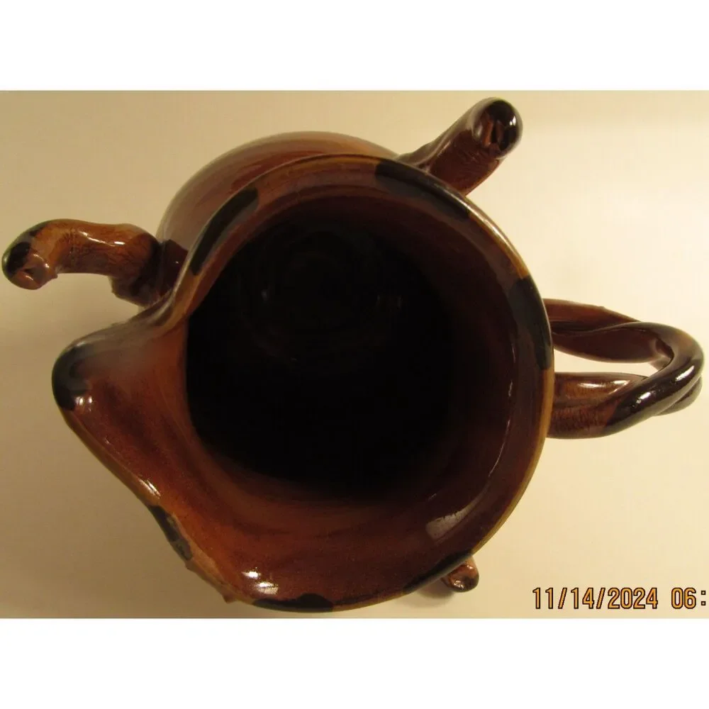 Studio Pottery Creamer brown glazed with flowers artist signed braided handle